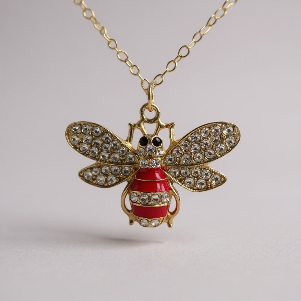 Vintage Elegant Gold and Red Bee Necklace